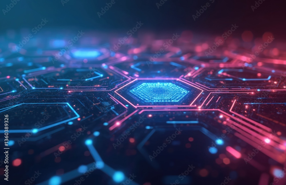 Poster futuristic tech background with glowing lines. hexagon pattern with digital connections. glowing neo