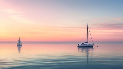 Naklejka premium A peaceful ocean at dusk, with the sky painted in soft pastel colors. The water is calm, and a few sailboats are anchored offshore. Great for relaxation and vacation content.