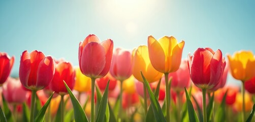 Red, yellow, pink tulips field. Spring flowers bloom under bright sunlight. Floral background for Easter holiday, Women Day, 8 march, Birthday, Mother Day celebration, gardening.