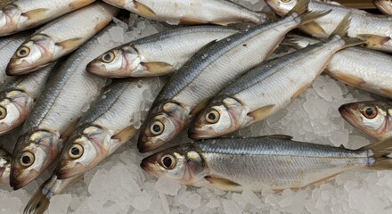 Obraz premium Fresh Alewife Fish on Ice at Supermarket - Fresh, silvery alewife fish on a bed of ice, symbolizing freshness, abundance, healthy eating, seafood market, and cold storage.