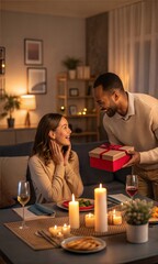 Romantic dinner at home: A loving man surprising his partner with a gift box. (Gift)