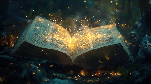 An open book glowing with light, surrounded by a magical ambiance book