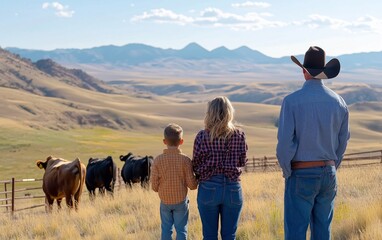 A woman and a boy observe cattle grazing in a vast rural landscape during the day. The scene captures a sense of family connection and agricultural life.