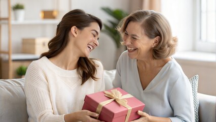 Loving daughter surprising her mother with a heartfelt gift on a special occasion. (Gift)