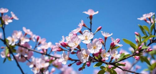 Delicate spring blossoms, vibrant hues against a serene blue backdrop, blue background, flower background, botany