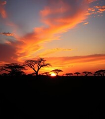 Fototapeta premium Fiery sunset paints African savannah, silhouetted acacia trees, light, vibrant, silhouette
