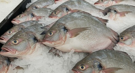 Fresh Bowfin Fish on Ice at Supermarket - Fresh, icy cold bowfin fish displayed at a supermarket.  Represents freshness, abundance, healthy eating, seafood market, and culinary potential.