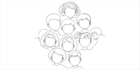 A continuous one line drawing features overlapping silhouettes of children's heads, symbolizing awareness of Down syndrome. This minimalist illustration highlights the importance of equal rights.