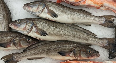 Obraz premium Fresh Burbot on Ice at the Supermarket - Frozen burbot fish on ice, fresh seafood, market display, cold storage, winter catch. These five concepts represent freshness, quality, preservation