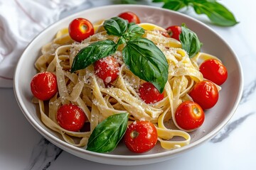 An appetizing dish of fettuccine pasta, topped with fresh basil, ripe cherry tomatoes, and a sprinkle of parmesan cheese, presented on a white marble surface.
