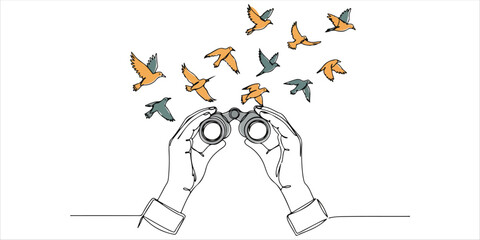 A continuous one line drawing illustrates two hands holding binoculars, observing birds in flight. This minimalist design represents the exploration of wildlife and the study of animal behavior.