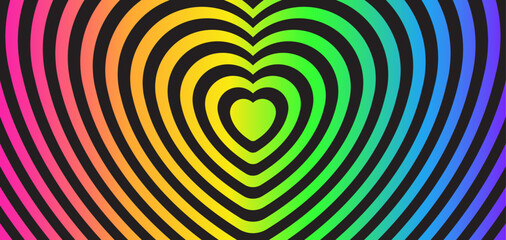 A rainbow gradient heart tunnel background. Optical illusion cover with hypnotic effect. Psychedelic love wallpaper with color spectrum. 