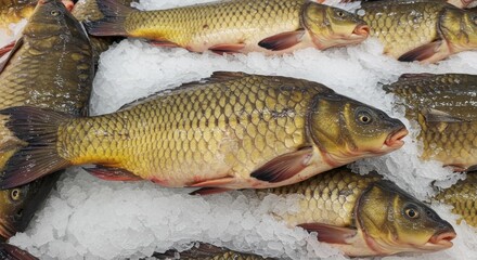 Fresh Carp on Ice at the Supermarket - Fresh, chilled carp displayed on ice at a supermarket.  Represents freshness, food retail, healthy eating, seafood, and winter.