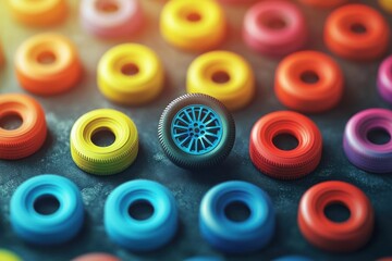 Fototapeta premium An assortment of vividly colored toy car tires and one wheel displayed on a dark surface, creating a playful automotive pattern with vibrant hues and visual interest.