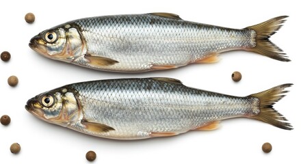 Obraz premium Fresh Cisco Lake Herring on White Background - Two pristine Cisco Lake Herring, ready for cooking, symbolize freshness, natural goodness, healthy eating, delicious flavor, and culinary excellence.