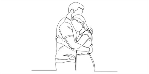 A continuous one line drawing portrays a married couple embracing, symbolizing comfort, support, and warmth. This minimalist illustration represents the power of a hug to strengthen the weak. 