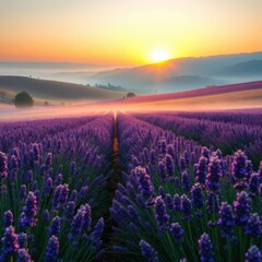 Fototapeta premium Lavender field sunrise, misty hills, soft light, image, outdoor, lavender