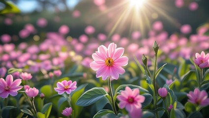 Pink flowers basking in sunlight, showcasing vibrant colors against a bright,