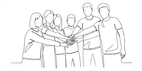A continuous one line drawing depicts a group of young male and female business professionals joining their hands together to create a five-star shape. This minimalist vector illustration represent.