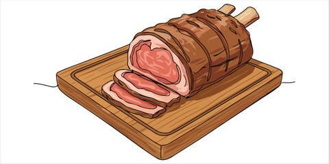 A continuous one line drawing showcases a prime rib with bones and two small slices placed on a square wooden tray. This minimalist illustration highlights the tenderness of the meat near the bone.