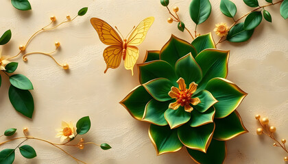 A beautifully arranged succulent plant with a golden butterfly perched on its leaf, creating a serene, aesthetic composition perfect for wallpaper and nature-inspired decor and botanical themes