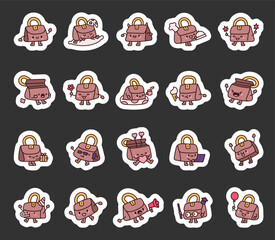 Small bag character set featuring adorable expressions, fun activities, various emotions, accessories, and charming kawaii cartoon style for yours illustration and creative designs projects