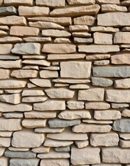 Obraz premium Rustic stacked stone wall, uneven texture, natural tones, beige, facade, building