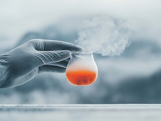 Scientist's Hand Holding Smoking Flask.
