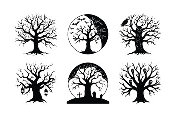 Six Halloween-themed silhouettes of spooky, bare trees.