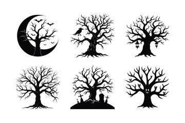 Six Halloween-themed silhouettes of spooky, bare trees.