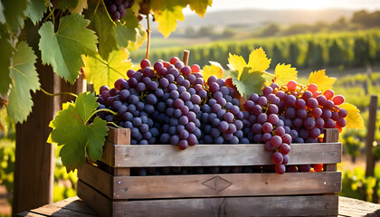 A rustic wooden crate overflowing with plump red and purple grapes, freshly harvested from lush vineyards, bathed in warm golden sunlight, symbolizing organic farming and winemaking