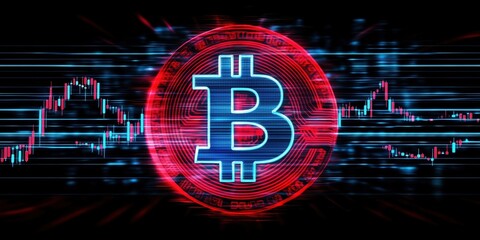 Bitcoin logo prominently displayed on a technical analysis chart showcasing market trends and fluctuations in cryptocurrency trading