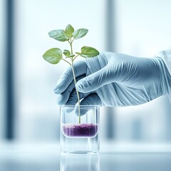 Scientist's Hand Planting Seedling in Lab.