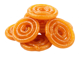 A small pile of Indian dessert jalebi in spiral swirls and coated in sugary syrup isolated on transparent background