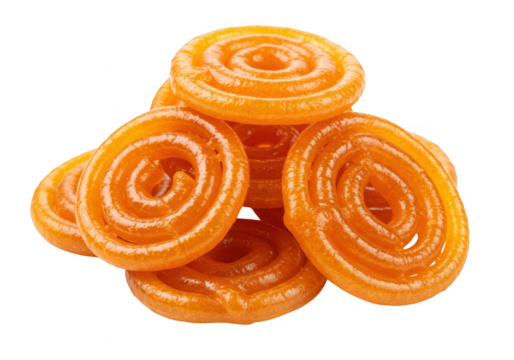A small pile of Indian dessert jalebi in spiral swirls and coated in sugary syrup isolated on transparent background - Powered by Adobe