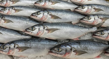 Obraz premium Fresh Longnose Gar on Ice at the Supermarket - Icy fresh Longnose Gar, glistening scales,market display, seafood abundance, cold preservation.