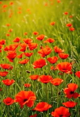 Fototapeta premium Vibrant red poppies scattered across a sun-drenched summer meadow, red poppies, macro photography