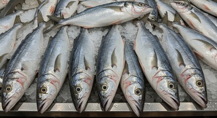 Obraz premium Fresh Longnose Gar on Ice at the Supermarket - Frozen seafood, market display, cold storage, fish preservation, seafood industry.