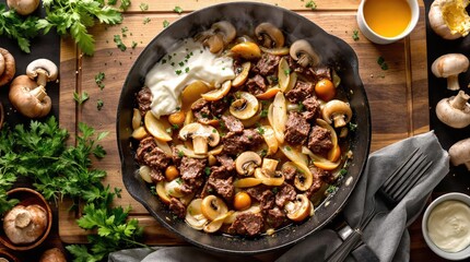 Beef stroganoff cooking process overhead view of sizzling cast iron skillet with marbled beef strips caramelizing with mushrooms and shallots as cream sauce forms
