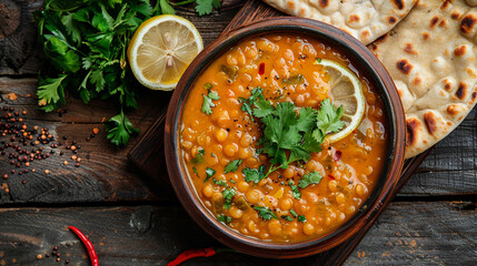 Egyptian lentil soup in a clay bowl, garnished with lemon slices, cumin, and fresh coriander, served with flatbread on a rustic wooden table.