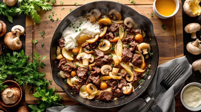 Beef stroganoff cooking process overhead view of sizzling cast iron skillet with marbled beef strips caramelizing with mushrooms and shallots as cream sauce forms