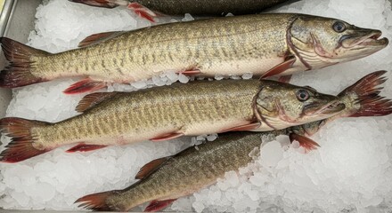 Fresh Muskie on Ice Supermarket Display - Three muskellunge fish, glistening and fresh, lie on a bed of ice in a supermarket display.  The scene evokes cleanliness, freshness