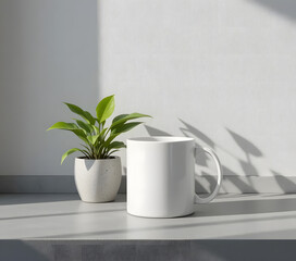 A stylish white coffee mug and a green potted plant sitting on a smooth minimalist table, illuminated by soft morning sunlight, creating a peaceful and cozy atmosphere.
