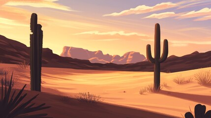 Imagine a desert landscape at twilight, with the last light of day casting soft, pastel colors across the sky. 