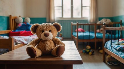 close up of child toy in empty children's room of orphanage. Concept of loneliness, adoption of children
