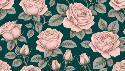 A beautifully detailed seamless vintage floral pattern featuring soft pink roses and lush green leaves, perfect for textile prints and wallpapers, and classic decorative designs