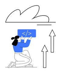 Woman holding coding panel under cloud icon with upward arrows symbolizing cloud computing, growth, and innovation. Ideal for coding, programming, data storage, cloud services, modern technology