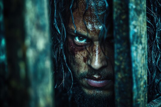 Intense close-up of a man with battle wounds peering through wooden bars, showcasing raw emotion and piercing eye, in a dark, mysterious setting and background.