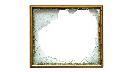 Broken picture frame with shattered glass, showcasing a damaged edge and an empty space, perfect for artistic or creative backgrounds and compositions.