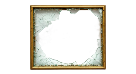Broken picture frame with shattered glass, showcasing a damaged edge and an empty space, perfect for artistic or creative backgrounds and compositions.